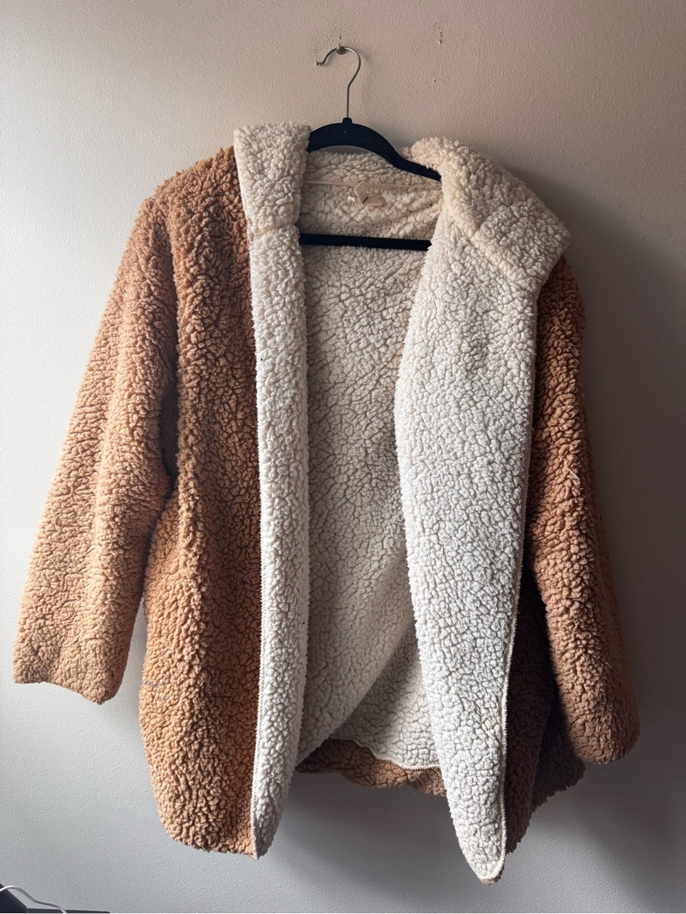 Silence & Noise Cozy Sherpa Hooded Teddy Jacket - Cream Lining, Brown Exterior